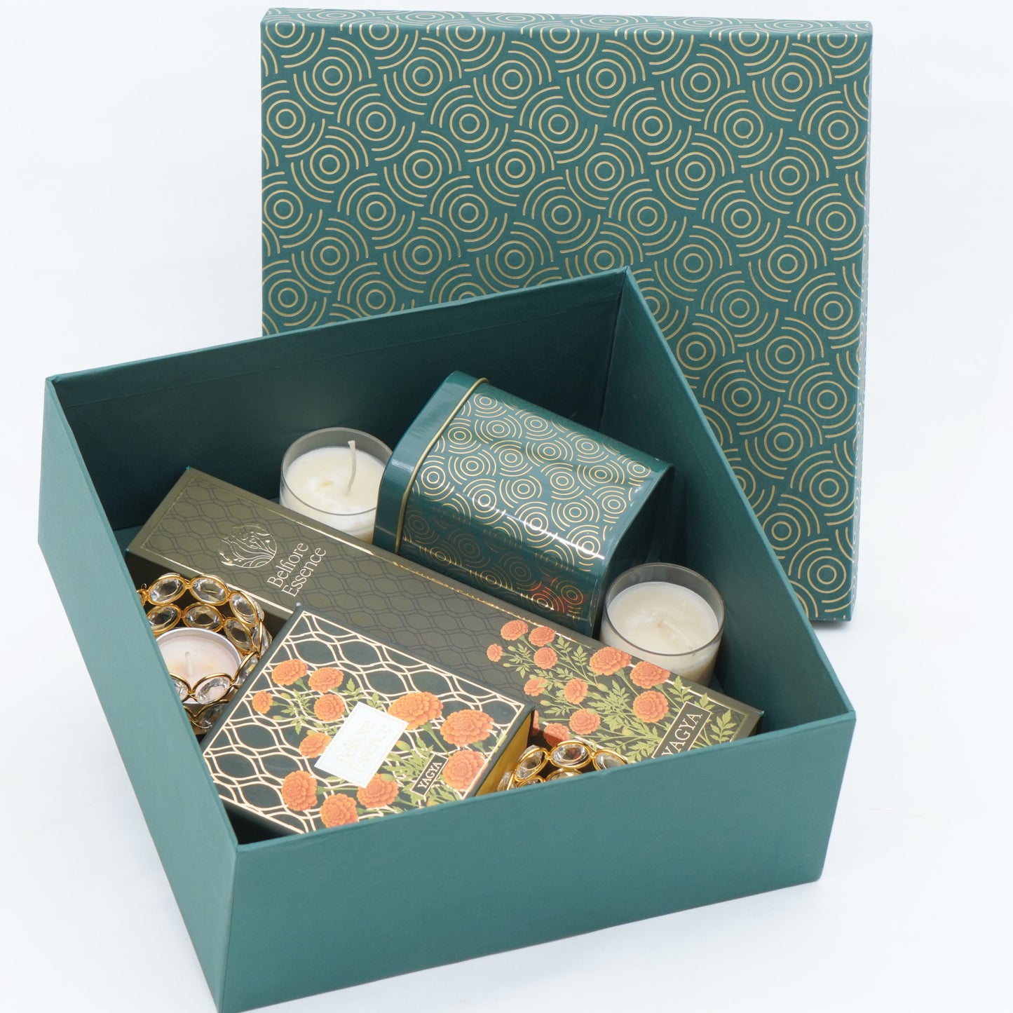 Emerald Serenity Luxe Hamper by Belfiore Essence | Dry Fruits, Diamond Tealight Holders, Votive Candles & Premium Incense | Luxury Festive Gift Belfiore Essence